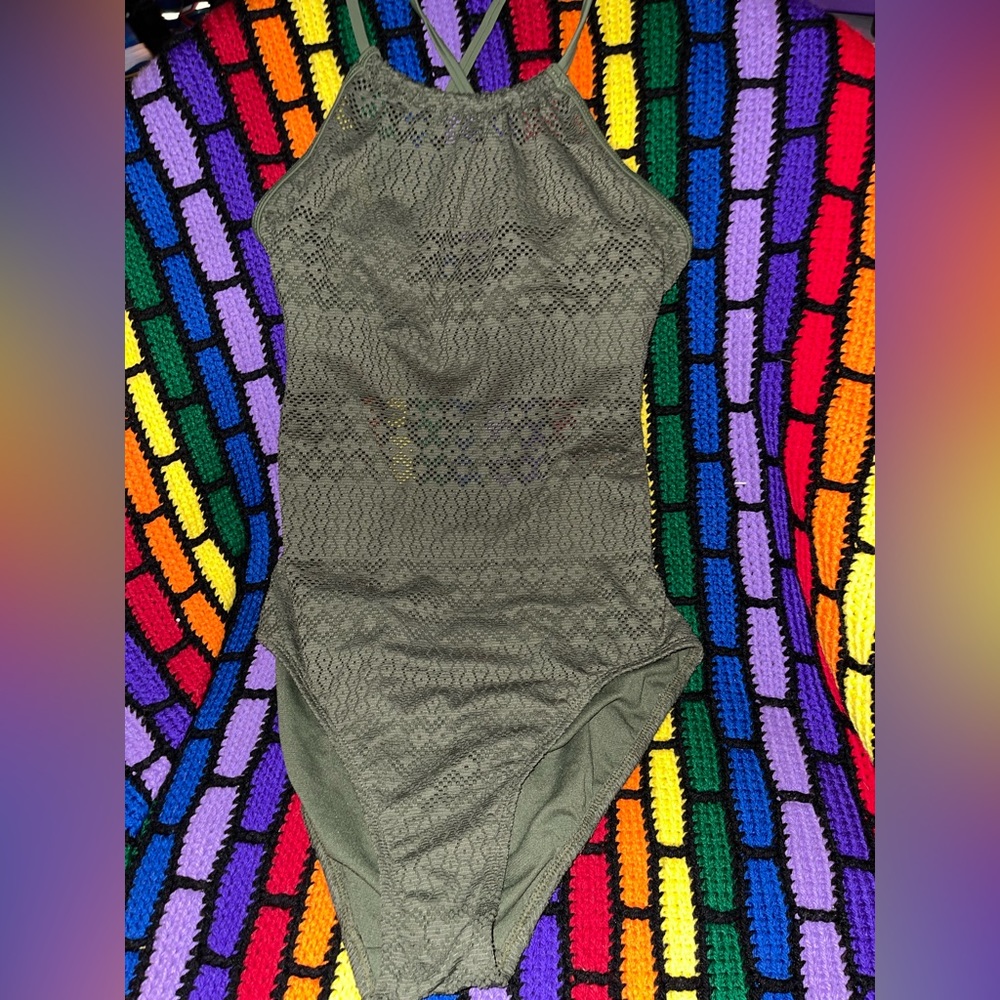 Time and Tru olive colored swimsuit one piece with sheer paneling EUC